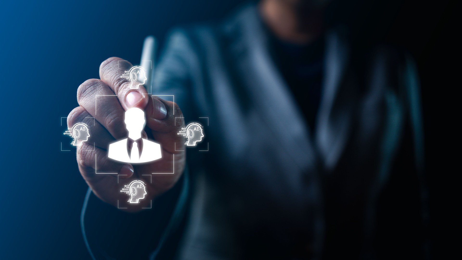 Explore AI application in personnel development as businessman's hand touches AI icon, increasing organizational potential and work efficiency. Embrace future HR technology